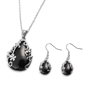 Set of Black Onyx Floral Earrings and Pendant Necklace, White Austrian Crystal Accent Jewelry Set in Stainless Steel, Birthday Gifts For Her 60.35 ctw