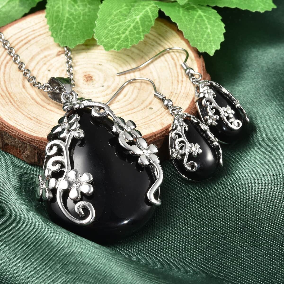 Set of Black Onyx Floral Earrings and Pendant Necklace, White Austrian Crystal Accent Jewelry Set in Stainless Steel, Birthday Gifts For Her 60.35 ctw image number 1