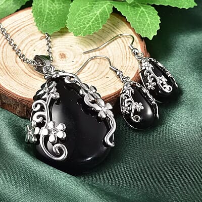 Set of Black Onyx 60.35 ctw Floral Earrings and Pendant Necklace, White Austrian Crystal Accent Jewelry Set in Stainless Steel, Birthday Gifts For Her