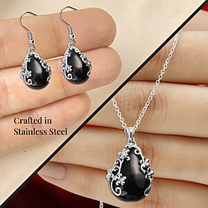 Set of Black Onyx 60.35 ctw Floral Earrings and Pendant Necklace, White Austrian Crystal Accent Jewelry Set in Stainless Steel, Birthday Gifts For Her