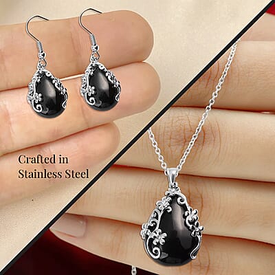 Set of Black Onyx 60.35 ctw Floral Earrings and Pendant Necklace, White Austrian Crystal Accent Jewelry Set in Stainless Steel, Birthday Gifts For Her