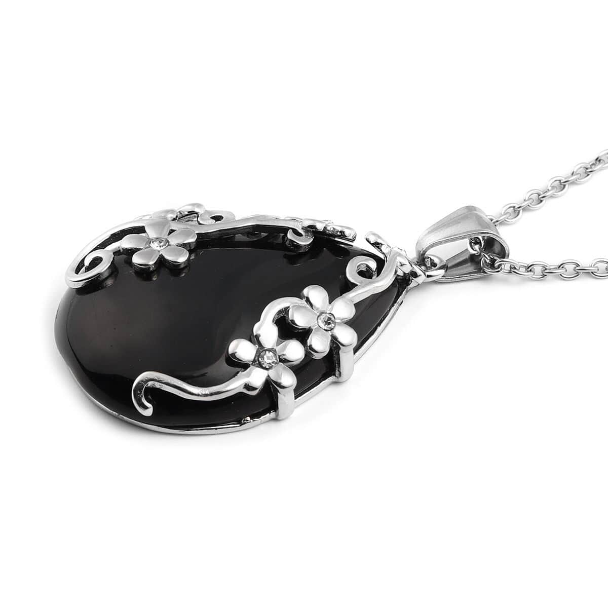 Black Onyx and White Austrian Crystal Lever Back Floral Earrings and Pendant Necklace 20 Inches in Stainless Steel 60.35 ctw image number 3