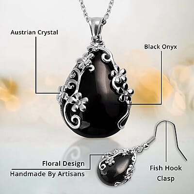 Set of Black Onyx 60.35 ctw Floral Earrings and Pendant Necklace, White Austrian Crystal Accent Jewelry Set in Stainless Steel, Birthday Gifts For Her