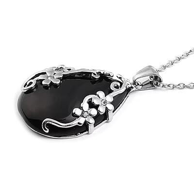 Set of Black Onyx 60.35 ctw Floral Earrings and Pendant Necklace, White Austrian Crystal Accent Jewelry Set in Stainless Steel, Birthday Gifts For Her