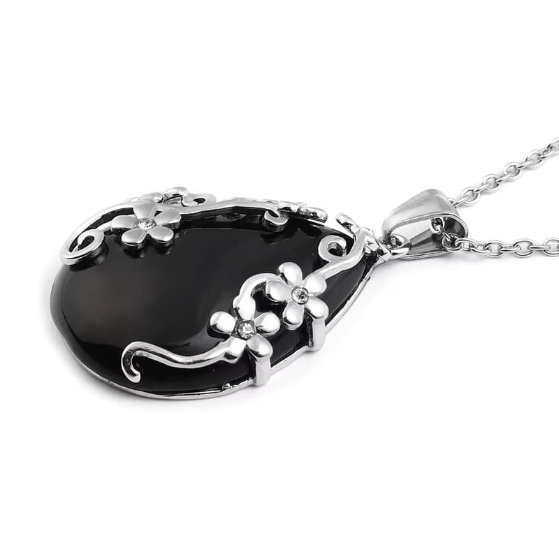 Black Onyx 70.00 ctw and White Austrian Crystal Drop Floral Earrings and Pendant Necklace (20 Inches) in Stainless Steel