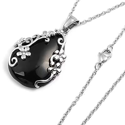 Set of Black Onyx 60.35 ctw Floral Earrings and Pendant Necklace, White Austrian Crystal Accent Jewelry Set in Stainless Steel, Birthday Gifts For Her