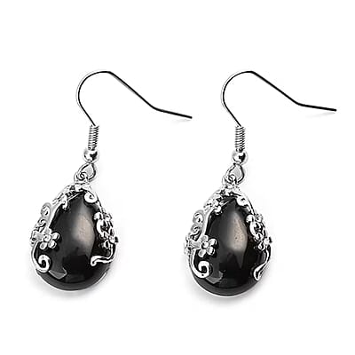 Set of Black Onyx 60.35 ctw Floral Earrings and Pendant Necklace, White Austrian Crystal Accent Jewelry Set in Stainless Steel, Birthday Gifts For Her
