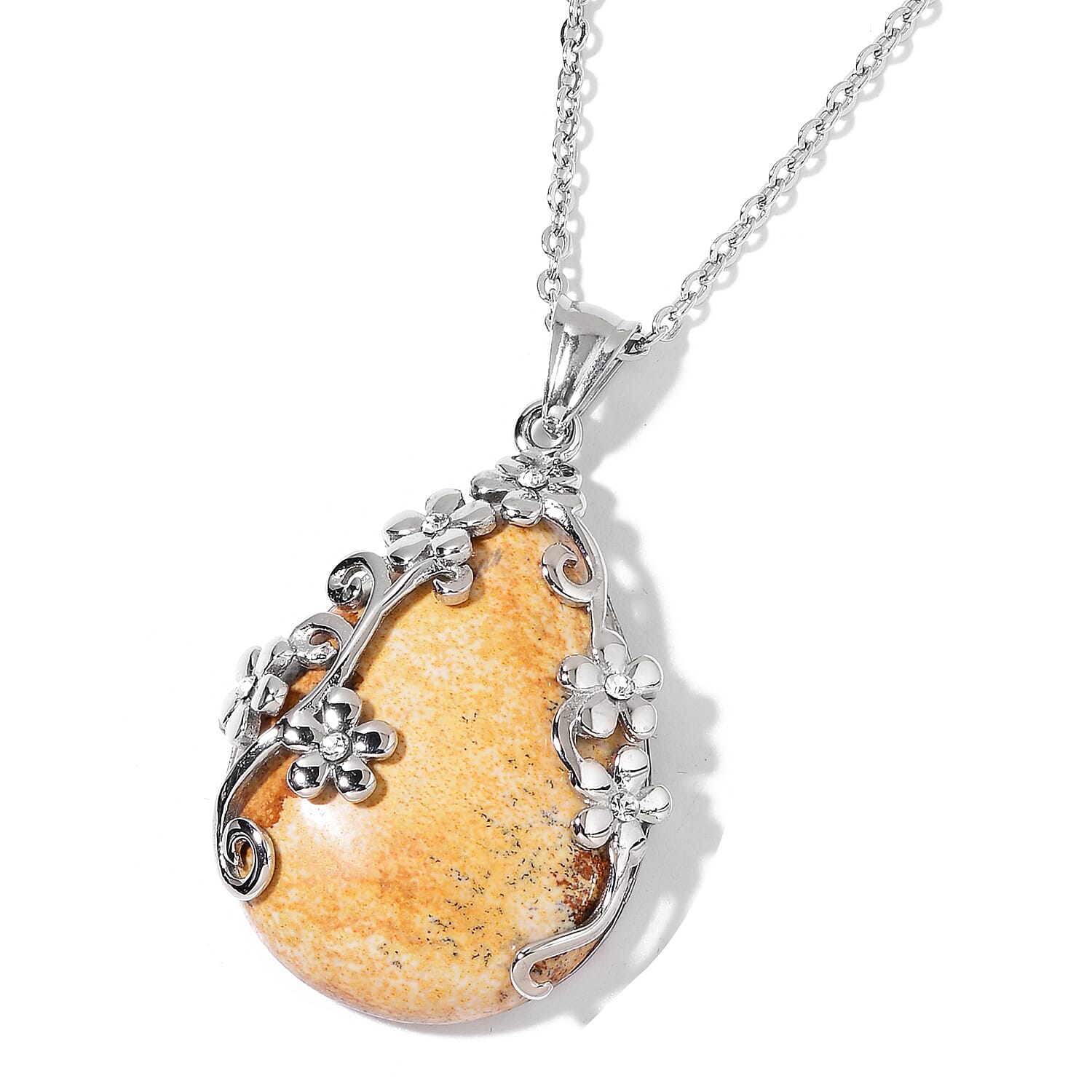 Picture Jasper and White Austrian Crystal Lever Back Floral Earrings and Pendant Necklace 20 Inches in Stainless Steel 70.30 ctw