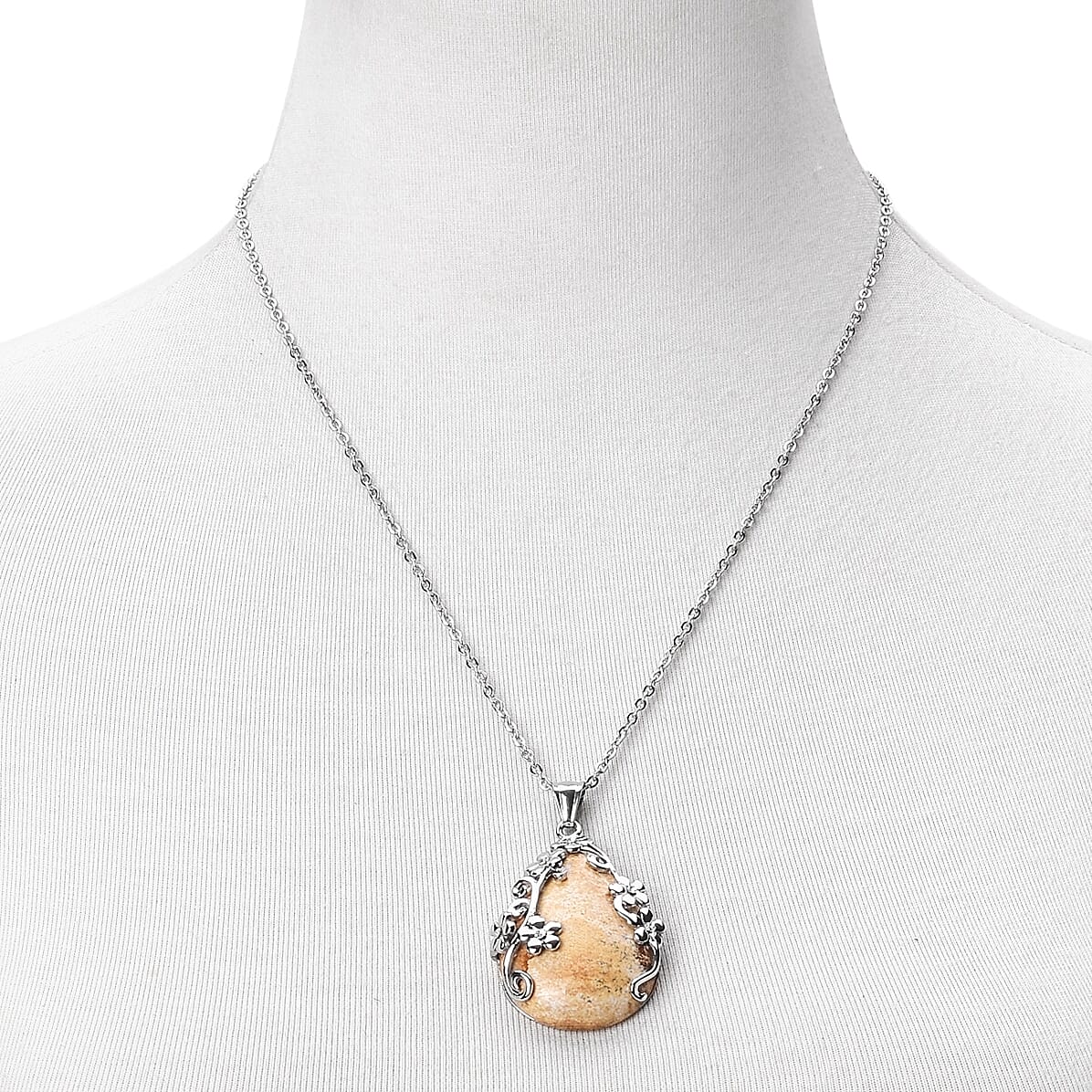 Picture Jasper and White Austrian Crystal Lever Back Floral Earrings and Pendant Necklace 20 Inches in Stainless Steel 70.30 ctw