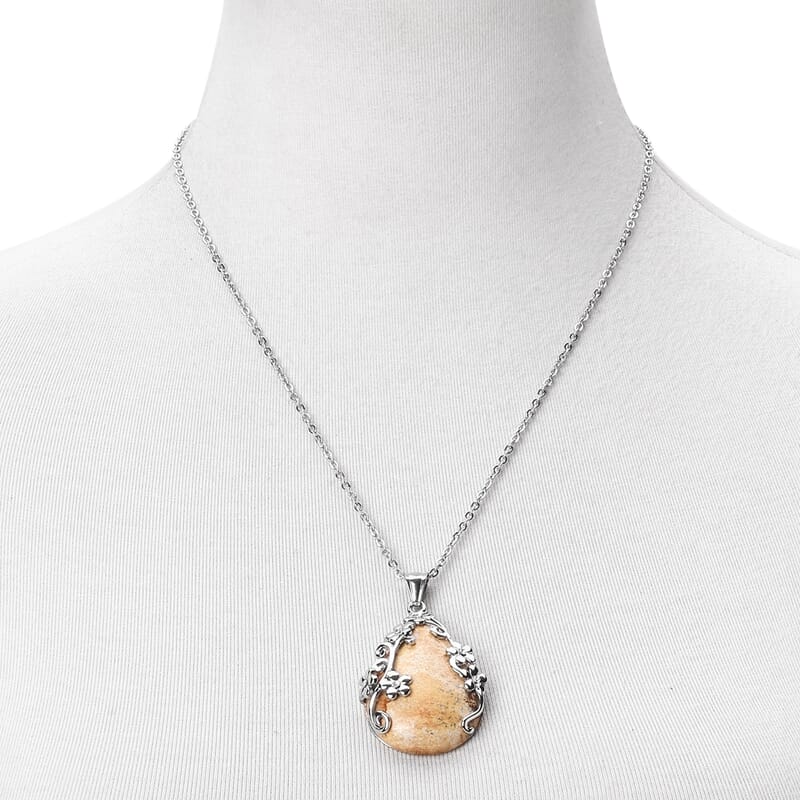Picture Jasper and White Austrian Crystal Lever Back Floral Earrings and Pendant Necklace 20 Inches in Stainless Steel 70.30 ctw