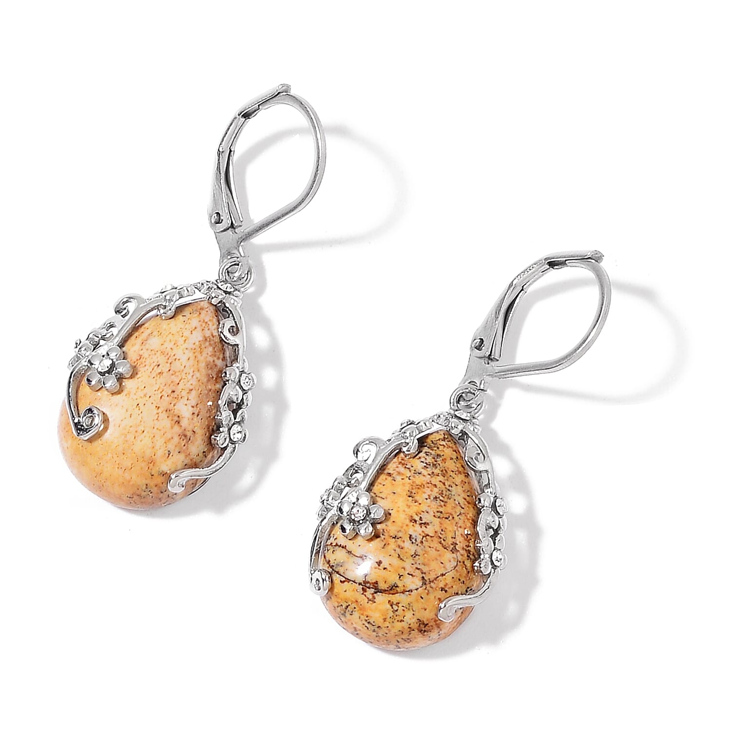 Picture Jasper and White Austrian Crystal Lever Back Floral Earrings and Pendant Necklace 20 Inches in Stainless Steel 70.30 ctw