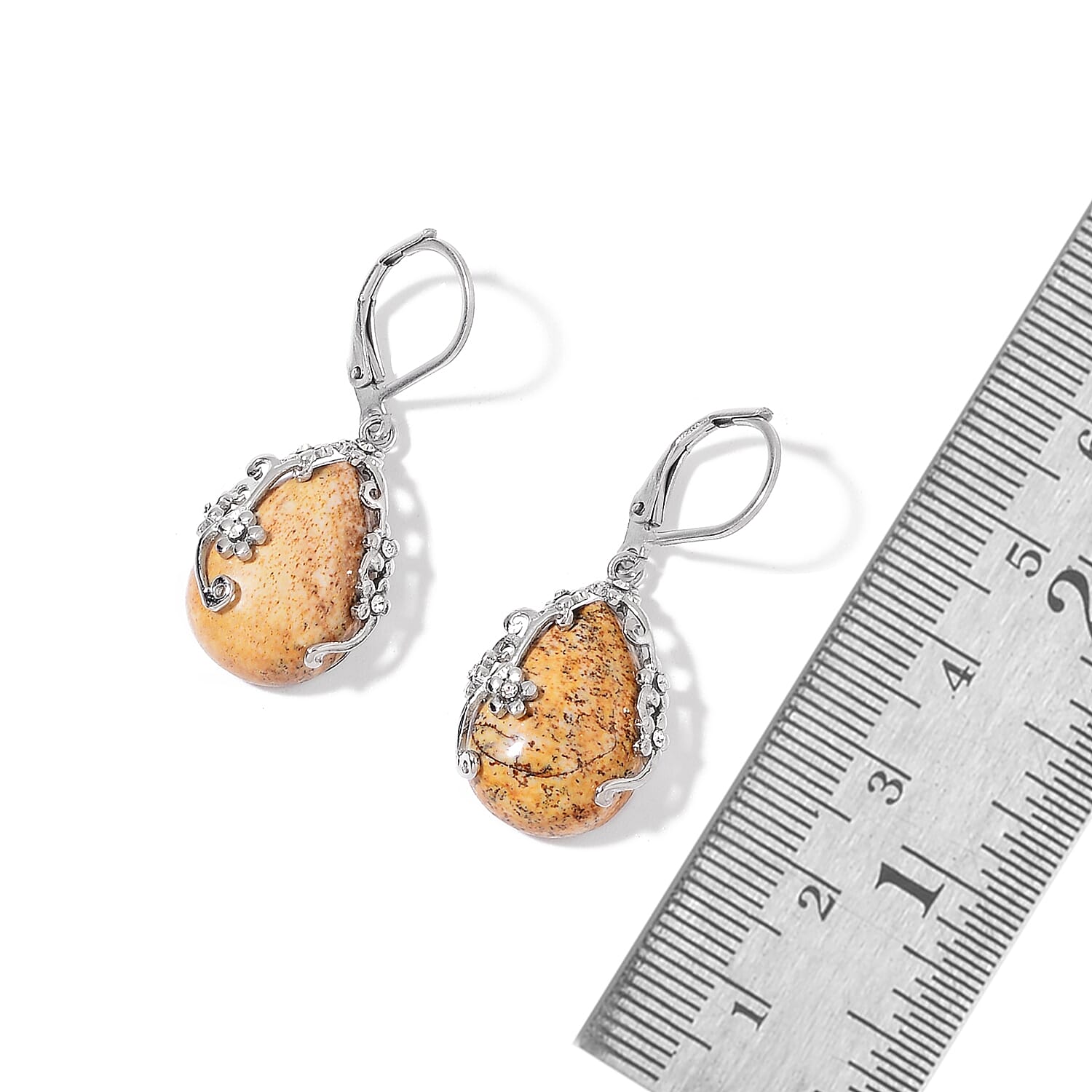 Picture Jasper and White Austrian Crystal Lever Back Floral Earrings and Pendant Necklace 20 Inches in Stainless Steel 70.30 ctw