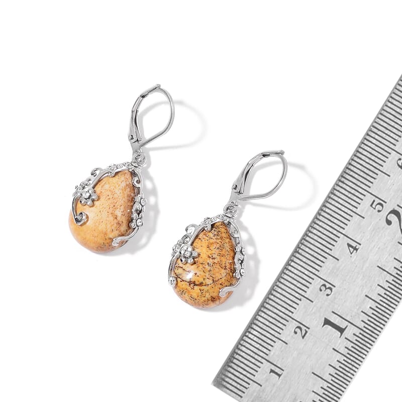 Picture Jasper and White Austrian Crystal Lever Back Floral Earrings and Pendant Necklace 20 Inches in Stainless Steel 70.30 ctw