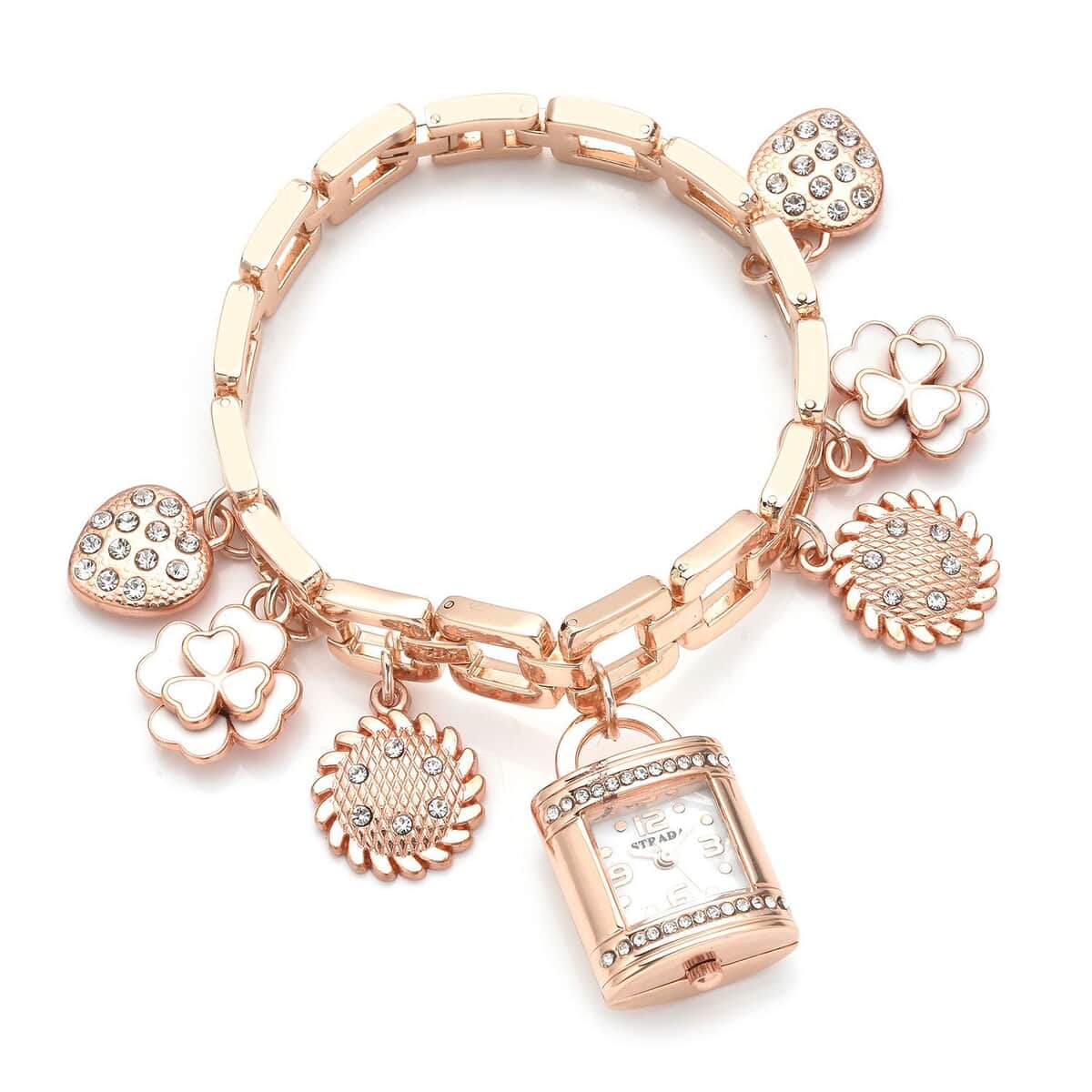 Strada Austrian Crystal and Enameled Japanese Movement Multi Charm Bracelet Watch (7.50 in) in Rosetone image number 0