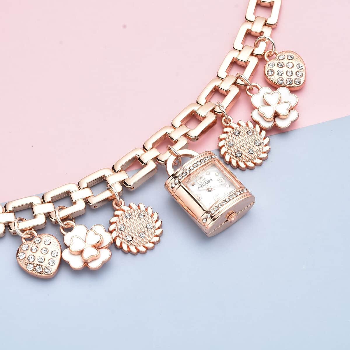 Strada Austrian Crystal and Enameled Japanese Movement Multi Charm Bracelet Watch (7.50 in) in Rosetone image number 1