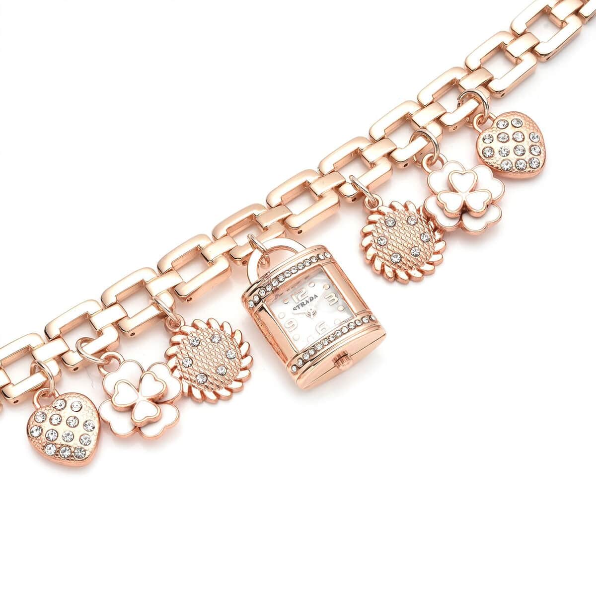 Strada Austrian Crystal and Enameled Japanese Movement Multi Charm Bracelet Watch (7.50 in) in Rosetone image number 3