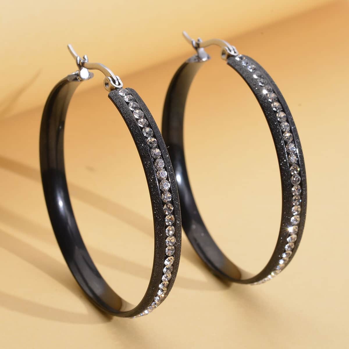 Austrian Crystal Hoop Earrings in ION Plated Black Stainless Steel image number 1
