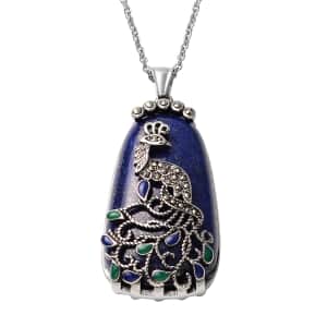 Lapis Lazuli 33.50 ctw Bead Pendant Necklace in Stainless Steel, Swiss Marcasite Enameled Peacock Pendant With Necklace, Solitaire Pendant 20 Inches