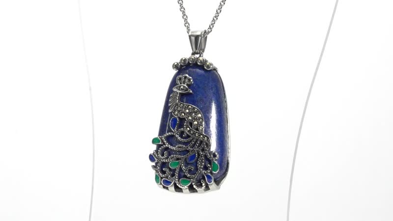 100.37 ctw Lapis Lazuli and Swiss Marcasite Enameled Peacock Pendant Necklace 20 inch in Stainless Steel