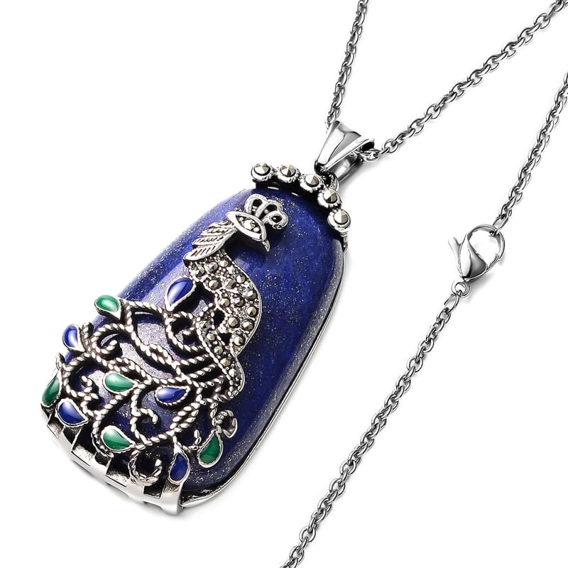 Lapis Lazuli 33.50 ctw Bead Pendant Necklace in Stainless Steel, Swiss Marcasite Enameled Peacock Pendant With Necklace, Solitaire Pendant 20 Inches