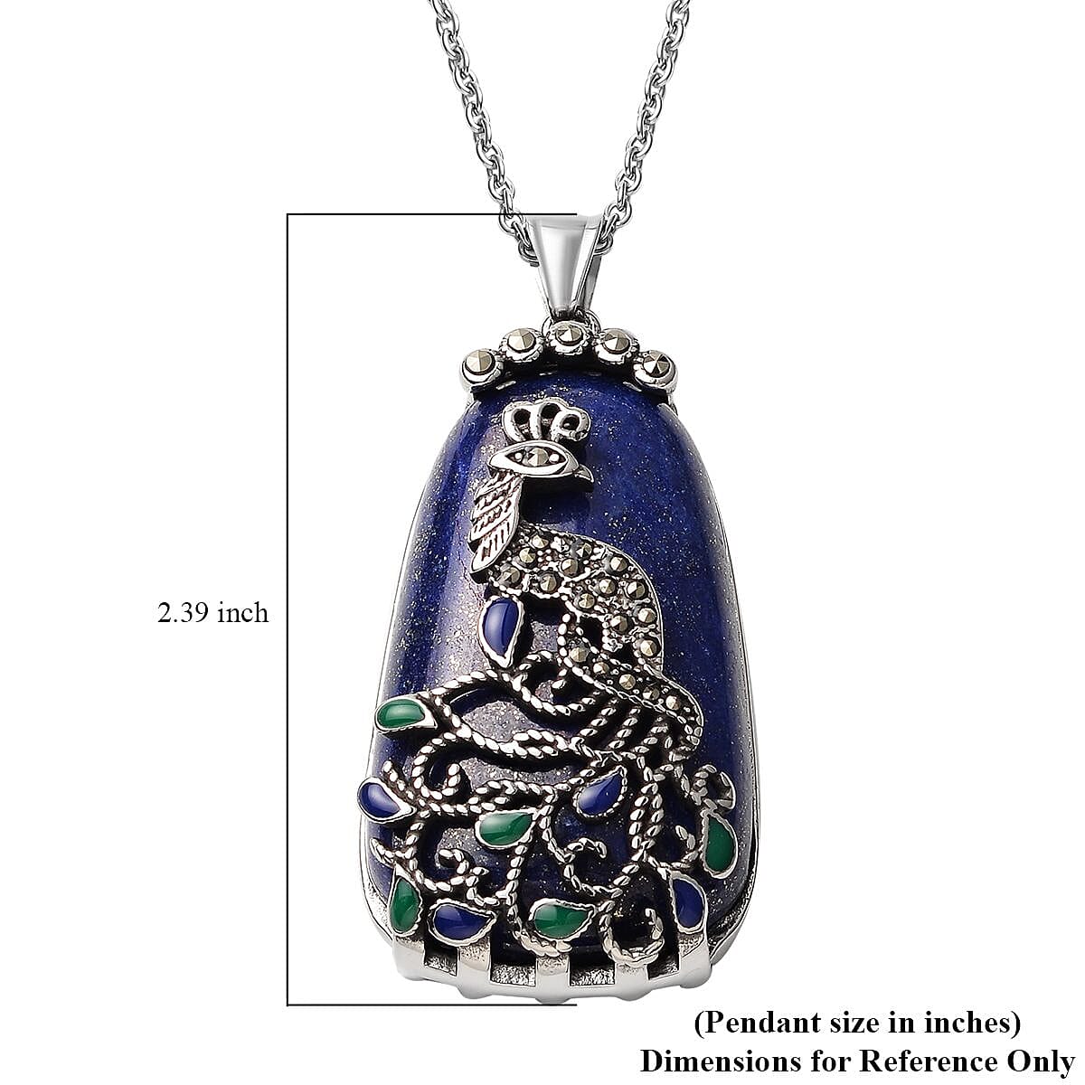 Lapis Lazuli 33.50 ctw Bead Pendant Necklace in Stainless Steel, Swiss Marcasite Enameled Peacock Pendant With Necklace, Solitaire Pendant 20 Inches
