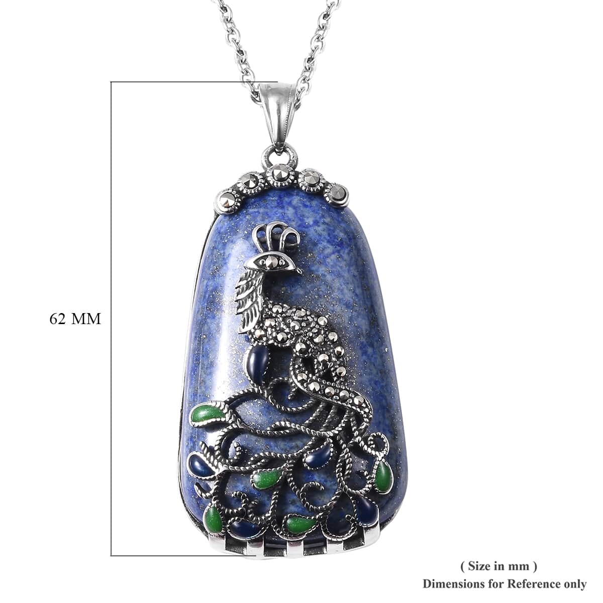 Lapis Lazuli 33.50 ctw Bead Pendant Necklace in Stainless Steel, Swiss Marcasite Enameled Peacock Pendant With Necklace, Solitaire Pendant 20 Inches image number 5