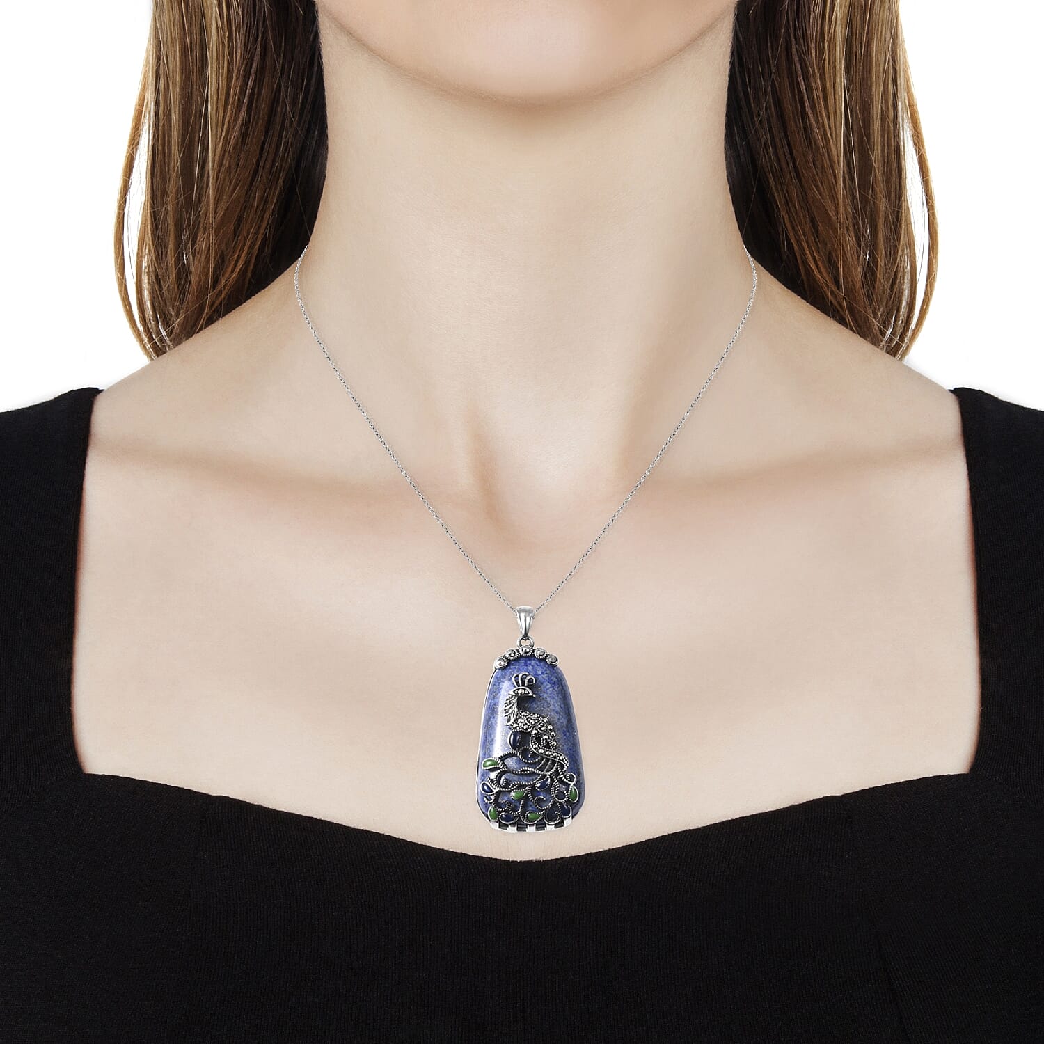 Lapis Lazuli 33.50 ctw Bead Pendant Necklace in Stainless Steel, Swiss Marcasite Enameled Peacock Pendant With Necklace, Solitaire Pendant 20 Inches