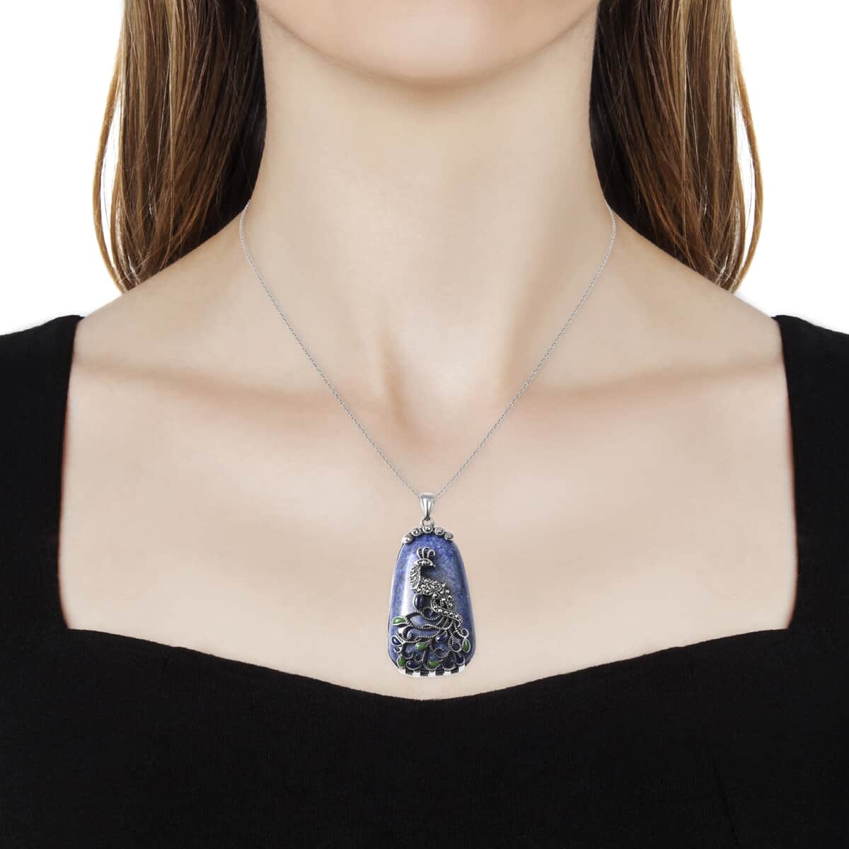 Lapis Lazuli 33.50 ctw Bead Pendant Necklace in Stainless Steel, Swiss Marcasite Enameled Peacock Pendant With Necklace, Solitaire Pendant 20 Inches image number 6