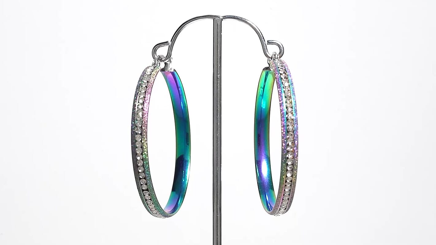 Austrian Crystal Hoop Earrings in ION Plated Rainbow Stainless Steel