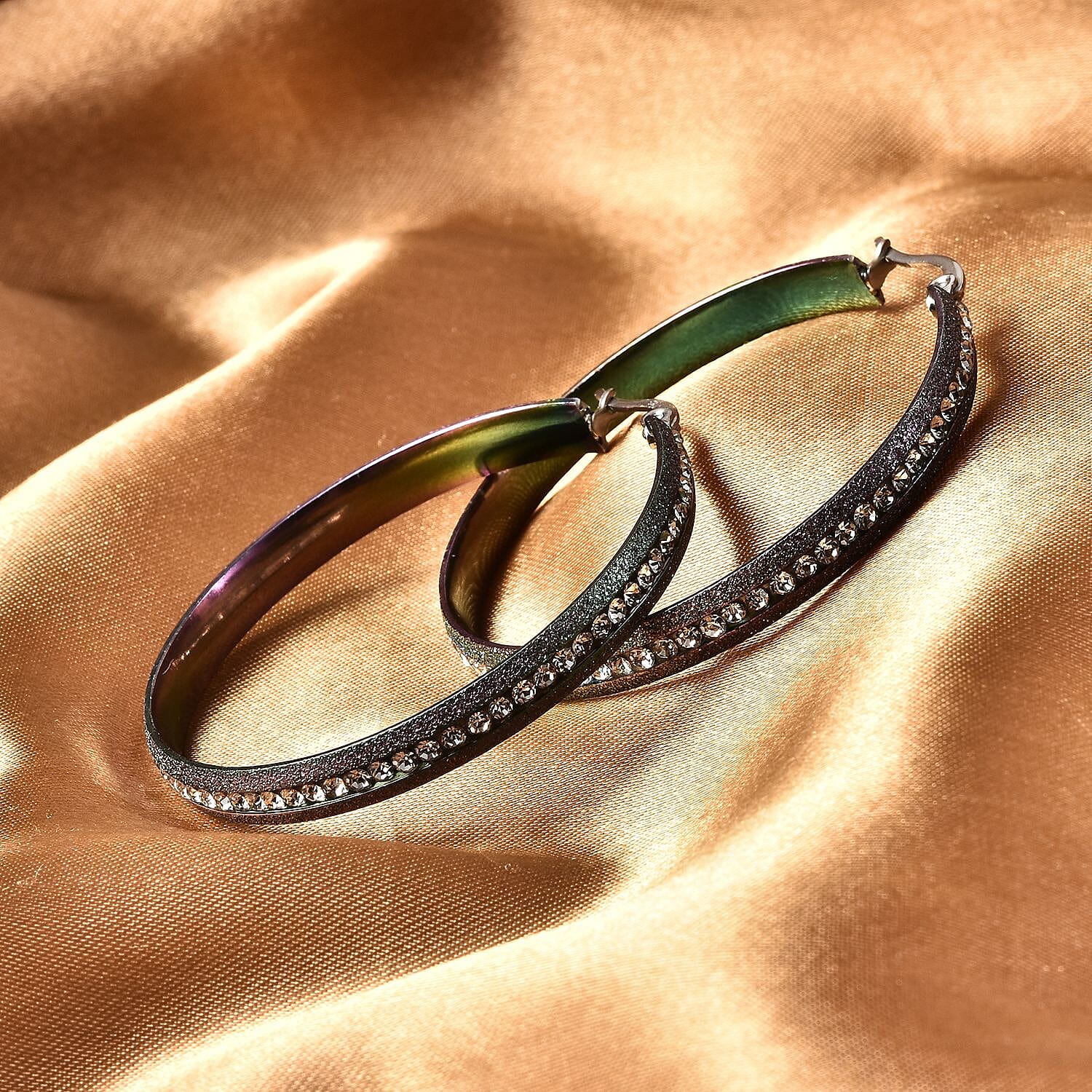 Austrian Crystal Hoop Earrings in ION Plated Rainbow Stainless Steel