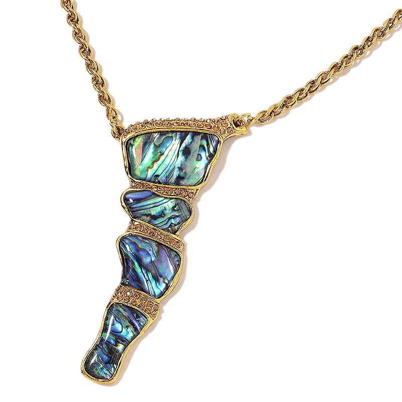 Abalone Shell and Champagne Color Austrian Crystal Earrings and Necklace 26 Inches in Goldtone 57.50 ctw