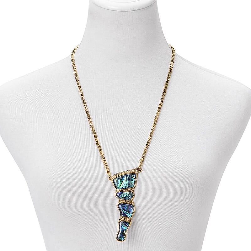 Abalone Shell and Champagne Color Austrian Crystal Earrings and Necklace 26 Inches in Goldtone 57.50 ctw