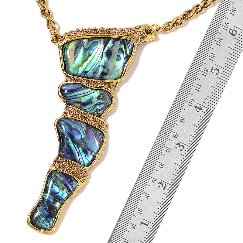 Abalone Shell and Champagne Color Austrian Crystal Earrings and Necklace 26 Inches in Goldtone 57.50 ctw