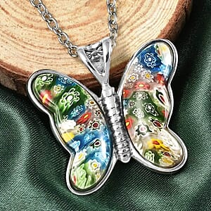 Multi Color Murano Style Butterfly Necklace in Stainless Steel 24 Inches