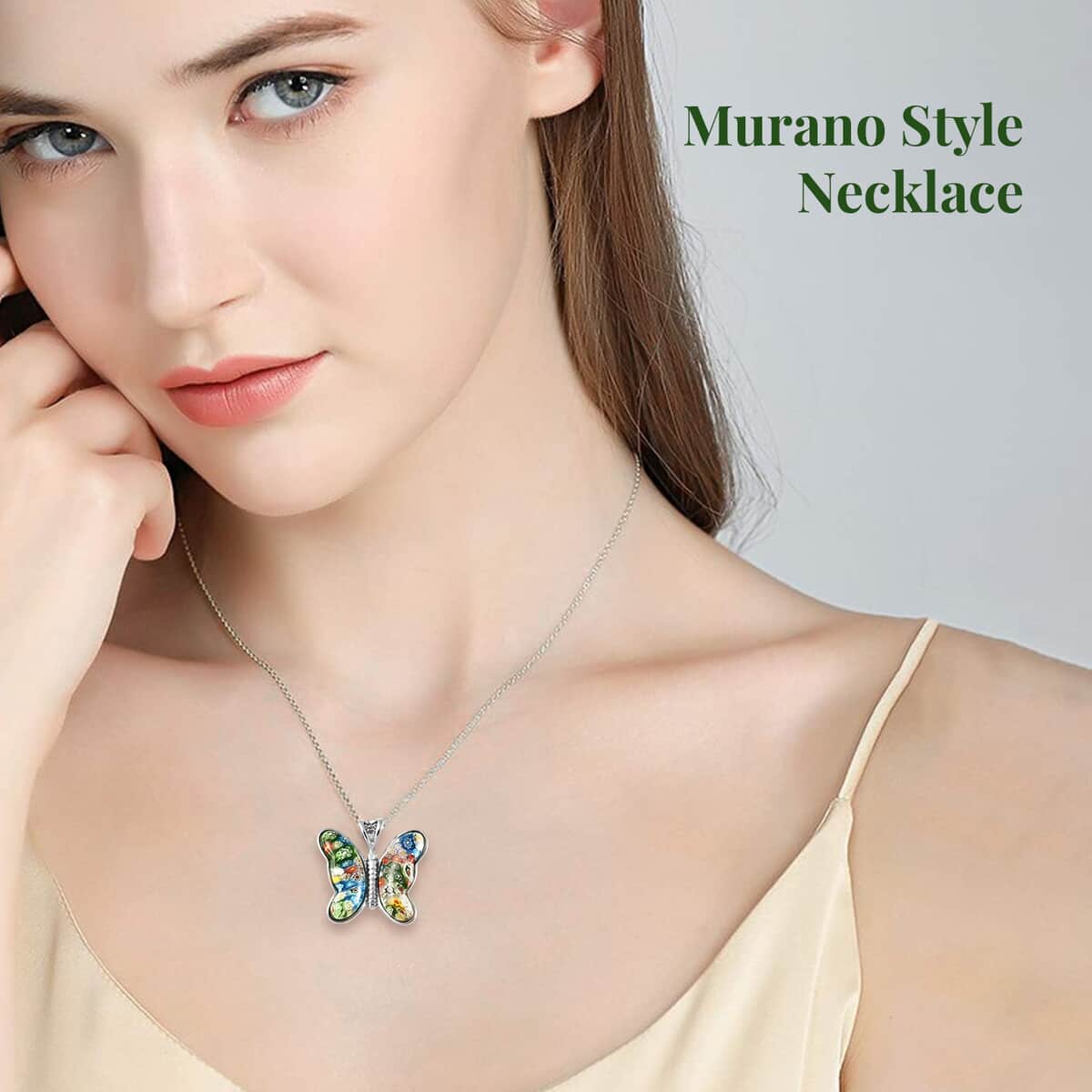 Murano Style Necklace in Stainless Steel, Butterfly Pendant, Wedding Gifts For Women (24 Inches) image number 2