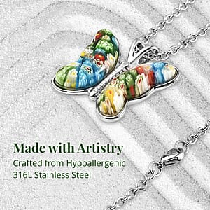Multi Color Murano Style Butterfly Necklace in Stainless Steel 24 Inches
