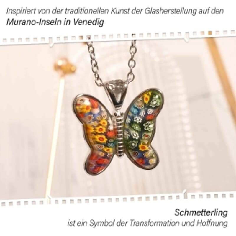 Multi Color Murano Style Butterfly Necklace in Stainless Steel 24 Inches