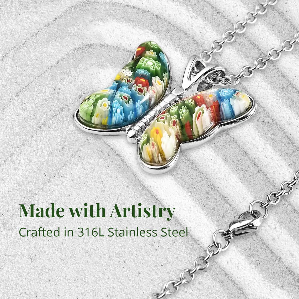 Murano Style Necklace in Stainless Steel, Butterfly Pendant, Wedding Gifts For Women (24 Inches) image number 3