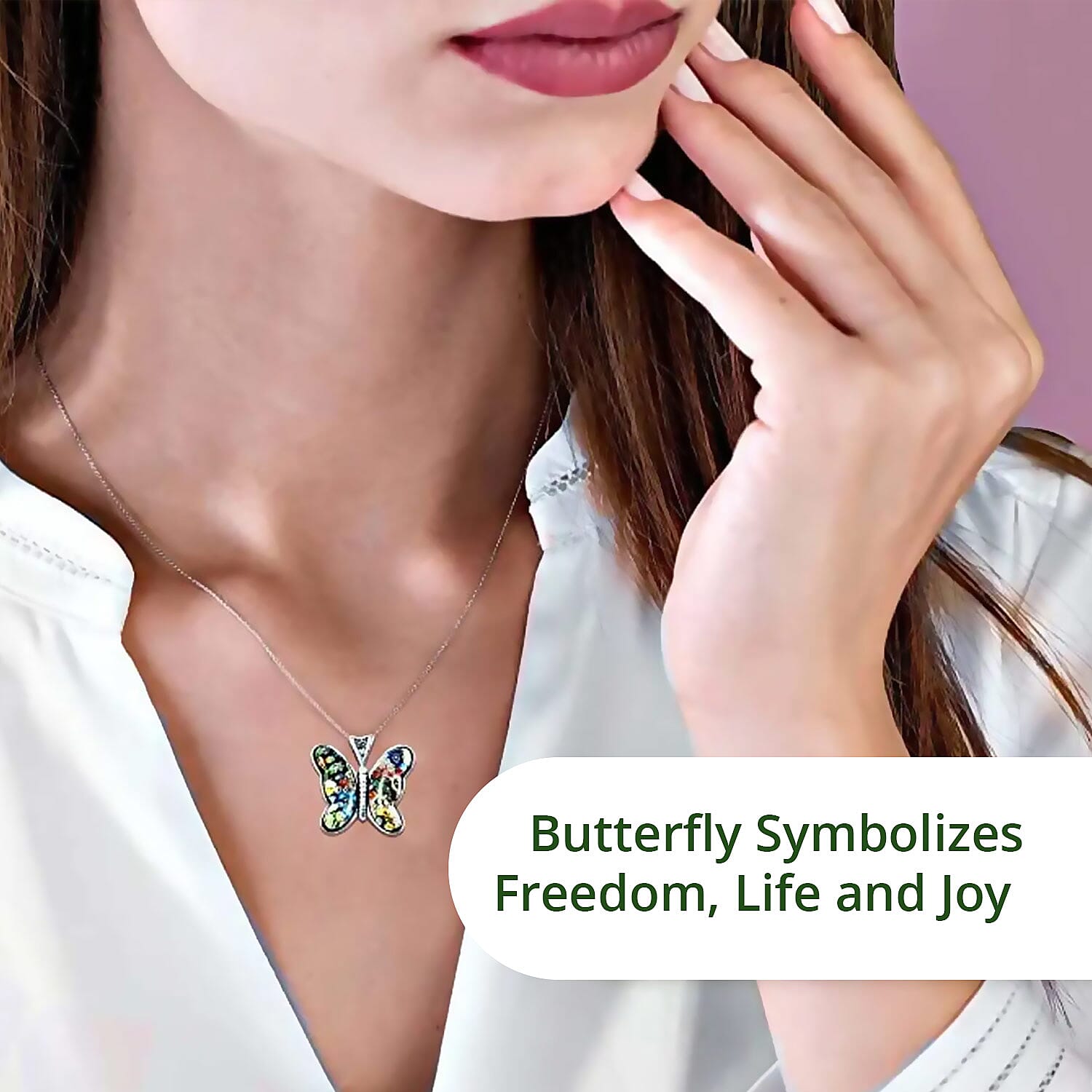 Multi Color Murano Style Butterfly Necklace in Stainless Steel 24 Inches