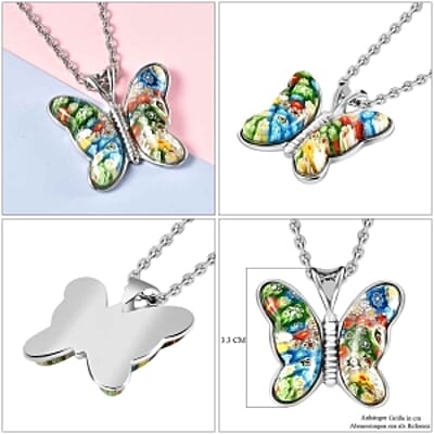 Multi Color Murano Style Butterfly Necklace in Stainless Steel 24 Inches