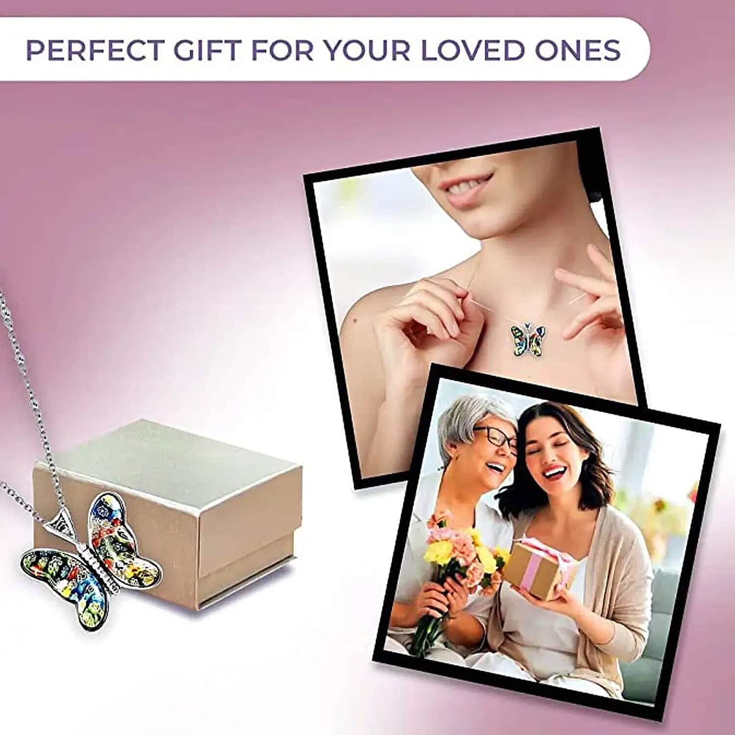 Multi Color Murano Style Butterfly Necklace in Stainless Steel 24 Inches