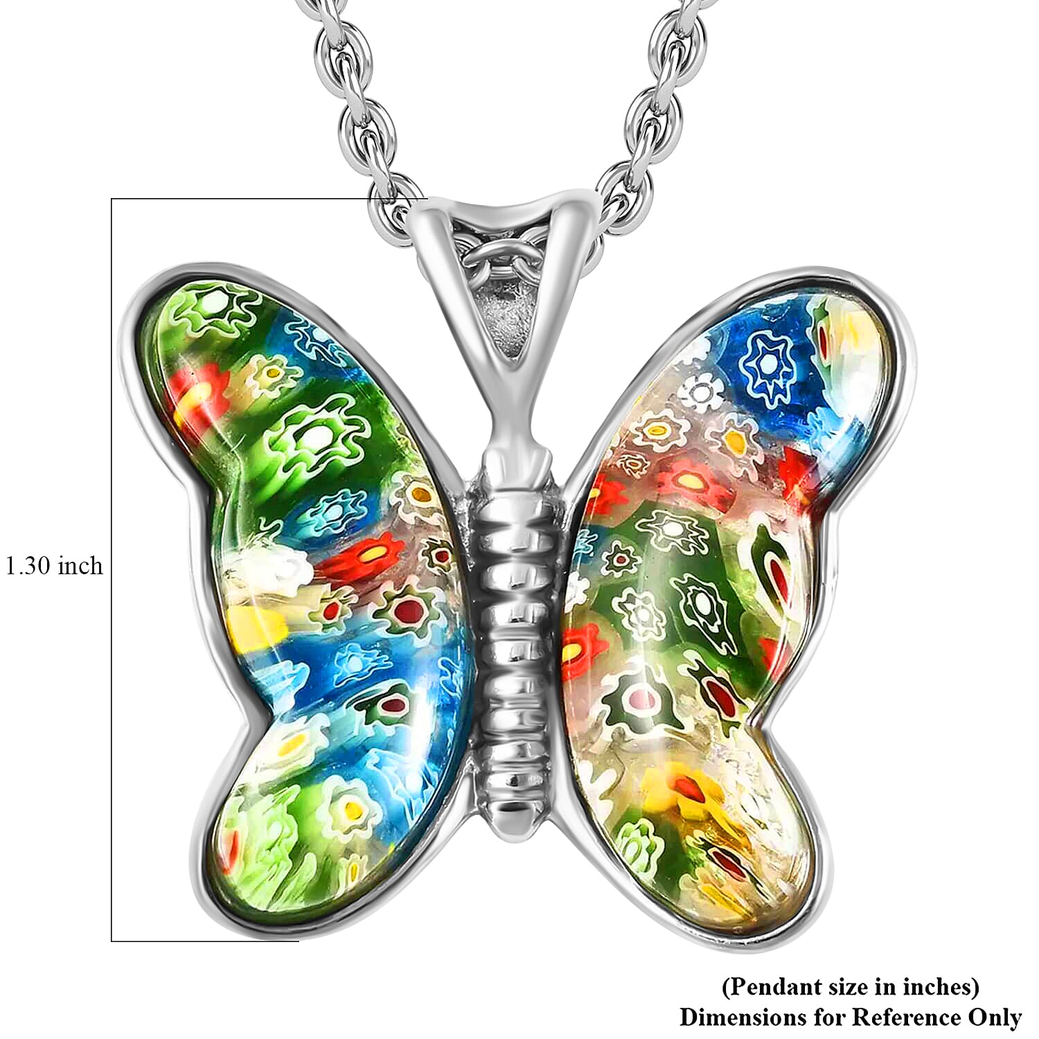 Multi Color Murano Style Butterfly Necklace in Stainless Steel 24 Inches