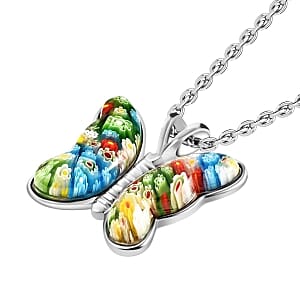 Multi Color Murano Style Butterfly Necklace in Stainless Steel 24 Inches