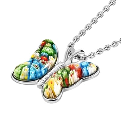 Multi Color Murano Style Butterfly Necklace in Stainless Steel 24 Inches