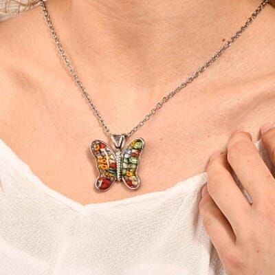 Multi Color Murano Style Butterfly Necklace in Stainless Steel 24 Inches
