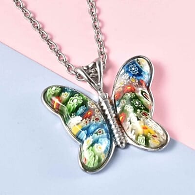 Multi Color Murano Style Butterfly Necklace in Stainless Steel 24 Inches