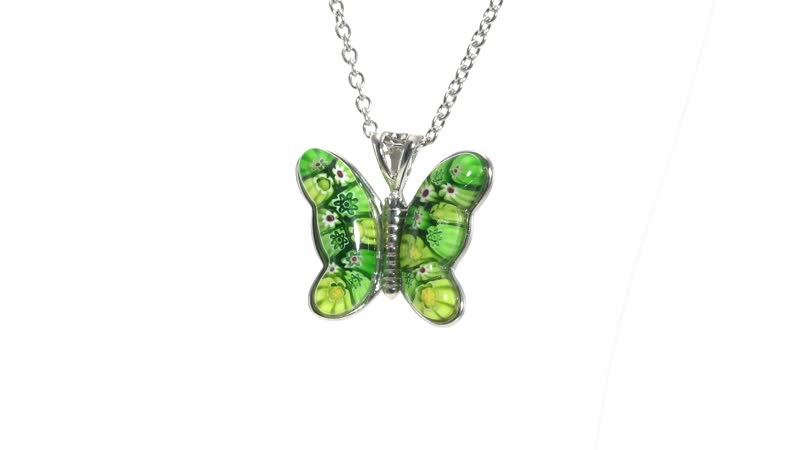 Green Murano Style Butterfly Necklace in Stainless Steel 24 Inches
