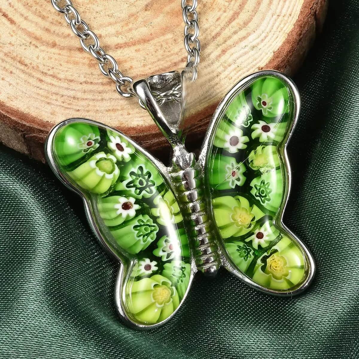 Green Murano Style  Necklace in Stainless Steel, Butterfly Pendant, Wedding Gifts For Women (24 Inches) image number 1