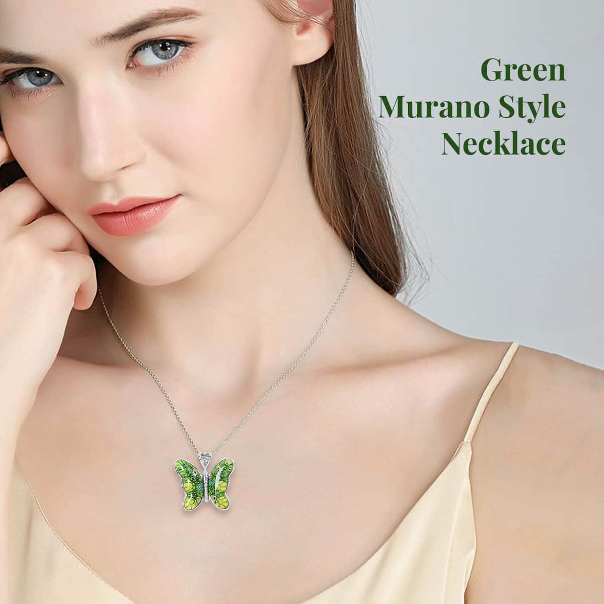 Green Murano Style  Necklace in Stainless Steel, Butterfly Pendant, Wedding Gifts For Women (24 Inches) image number 2