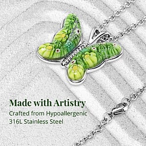 Green Murano Style Butterfly Necklace in Stainless Steel 24 Inches